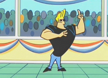 The cartoon character Johnny Bravo gesticulates wildly to show how awesome he is.