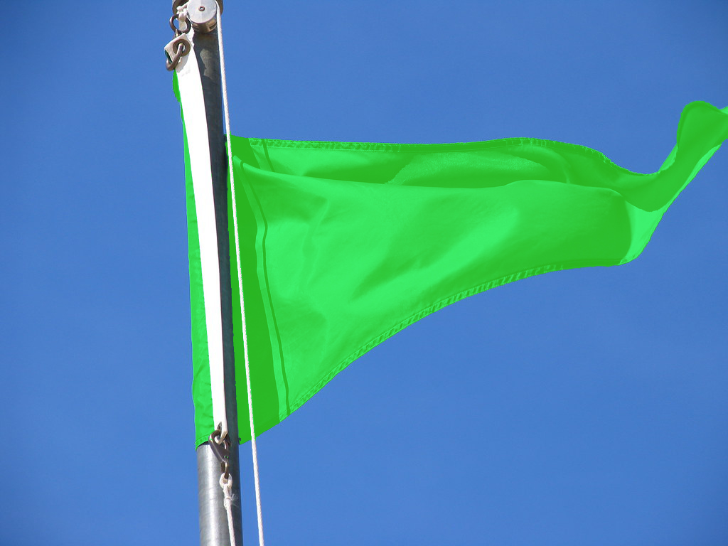 "Green flag wave blue sky pole" by Daniel Marchese is licensed under CC BY 2.0 - flag color changed to be darker green