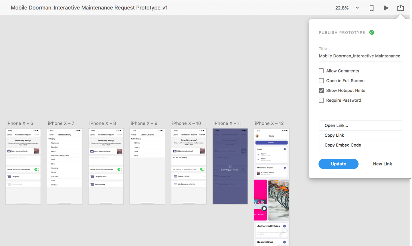 A screenshot of Adobe XD's Publish Prototype feature with Links enabled.